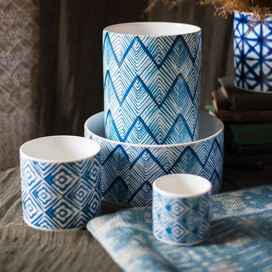 Geometric Blue Print Ceramic Planter