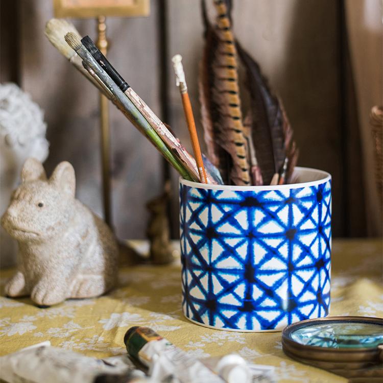 Geometric Blue Print Ceramic Planter
