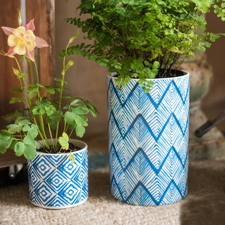 Geometric Blue Print Ceramic Planter