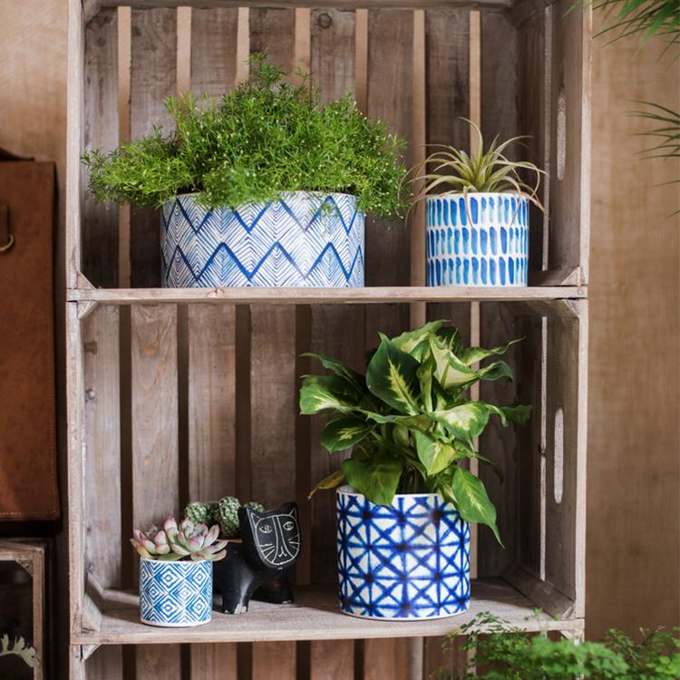 Geometric Blue Print Ceramic Planter