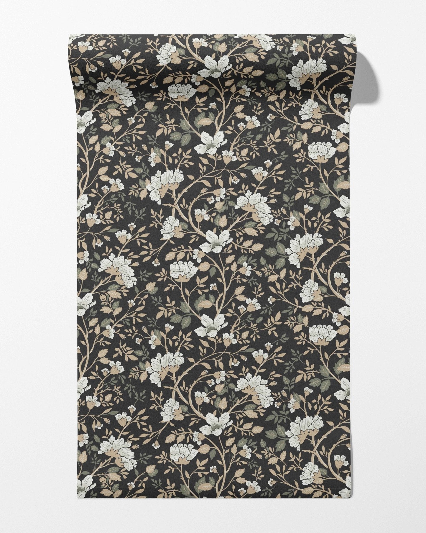 Camellia Study Wallpaper in Coal Cream Olive