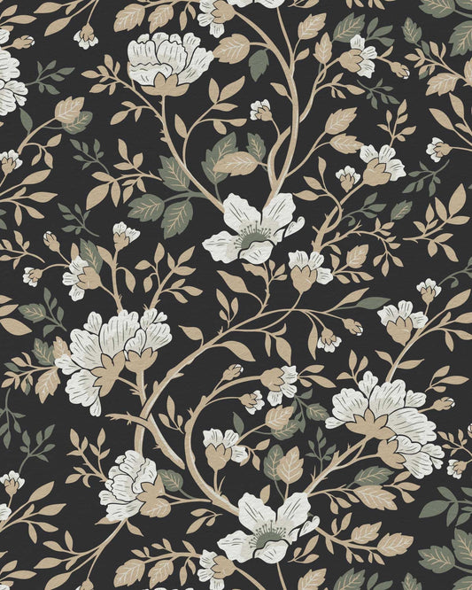 Camellia Study Wallpaper in Coal Cream Olive
