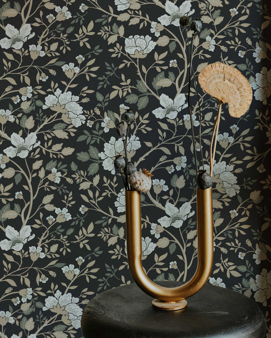 Camellia Study Wallpaper in Coal Cream Olive