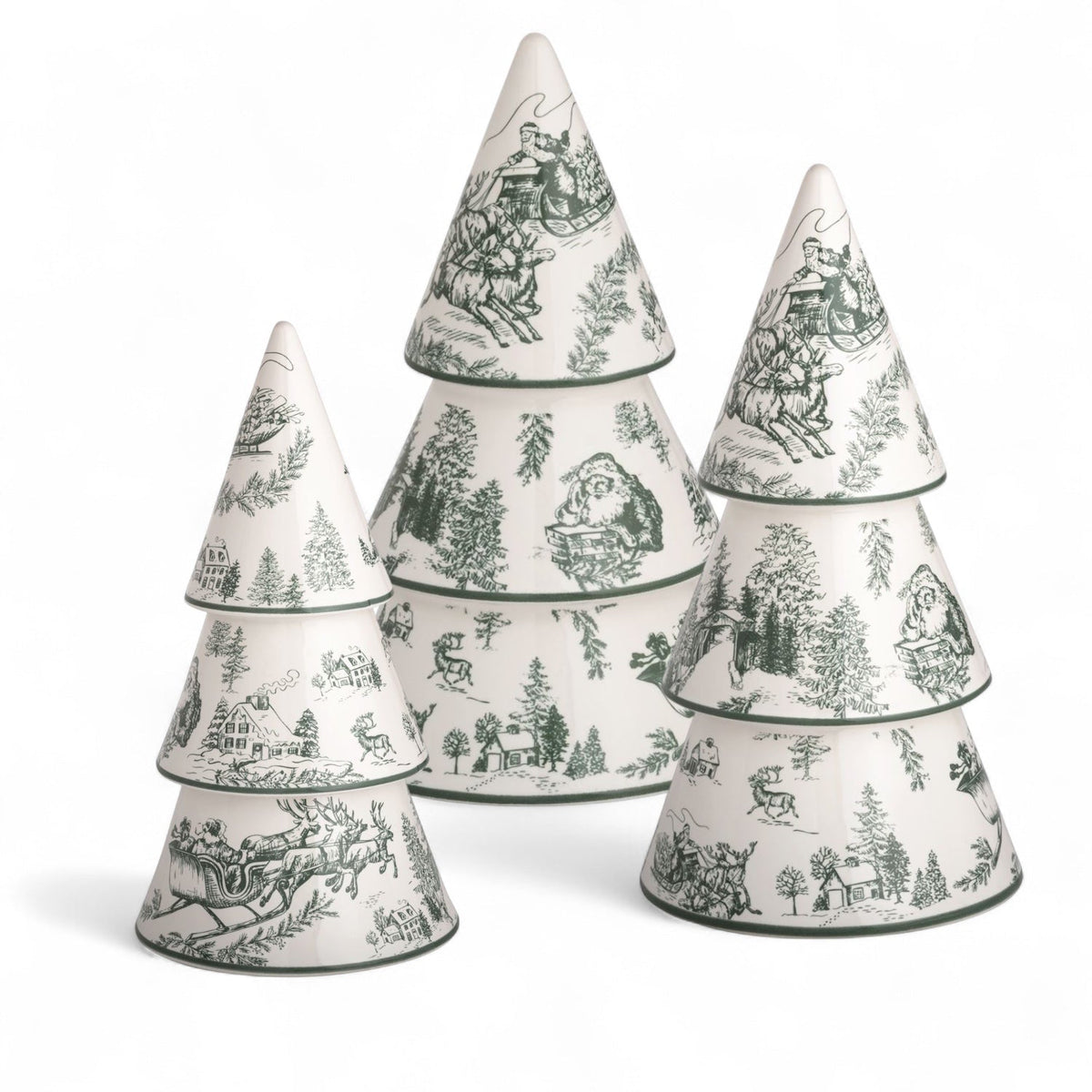 Hand-Painted Green Toile Ceramic Christmas Tree Sitters