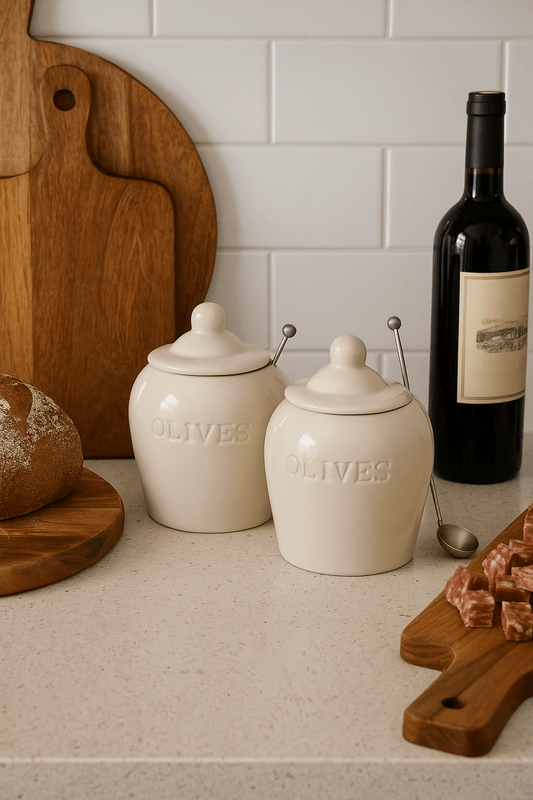 Debossed Stoneware Olive Jars with Slotted Spoon