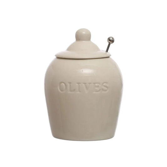 Debossed Stoneware Olive Jars with Slotted Spoon