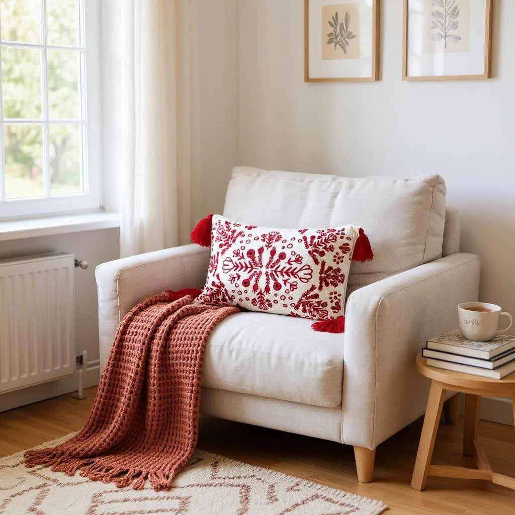 Scandi Embroidered Pillow with Tassels