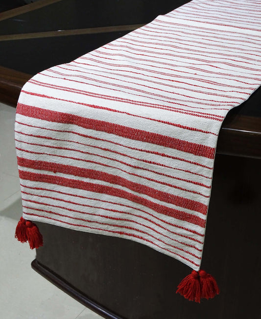 Red & Ivory White Woven Cotton Table Runner
