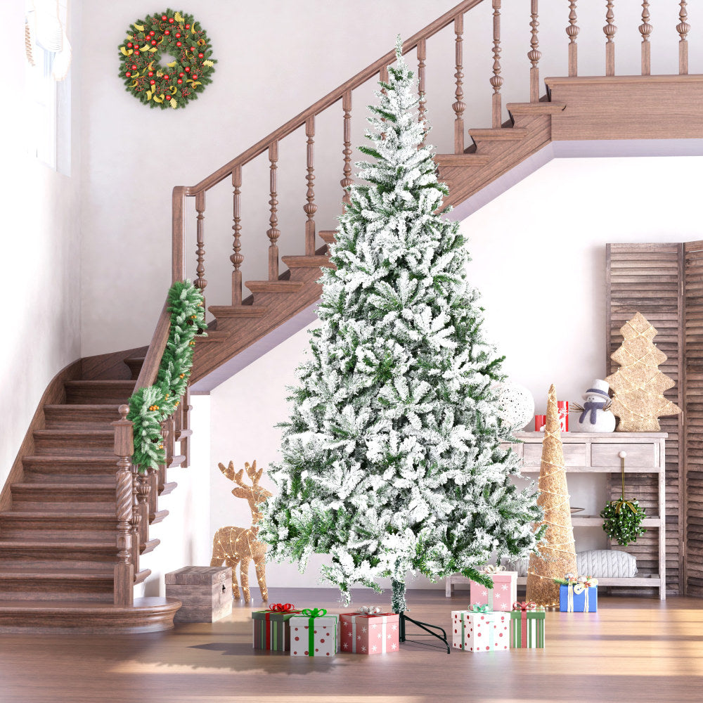9 FT Snow Flocked Artificial Christmas Tree | Unlit Pine with Realistic Branches