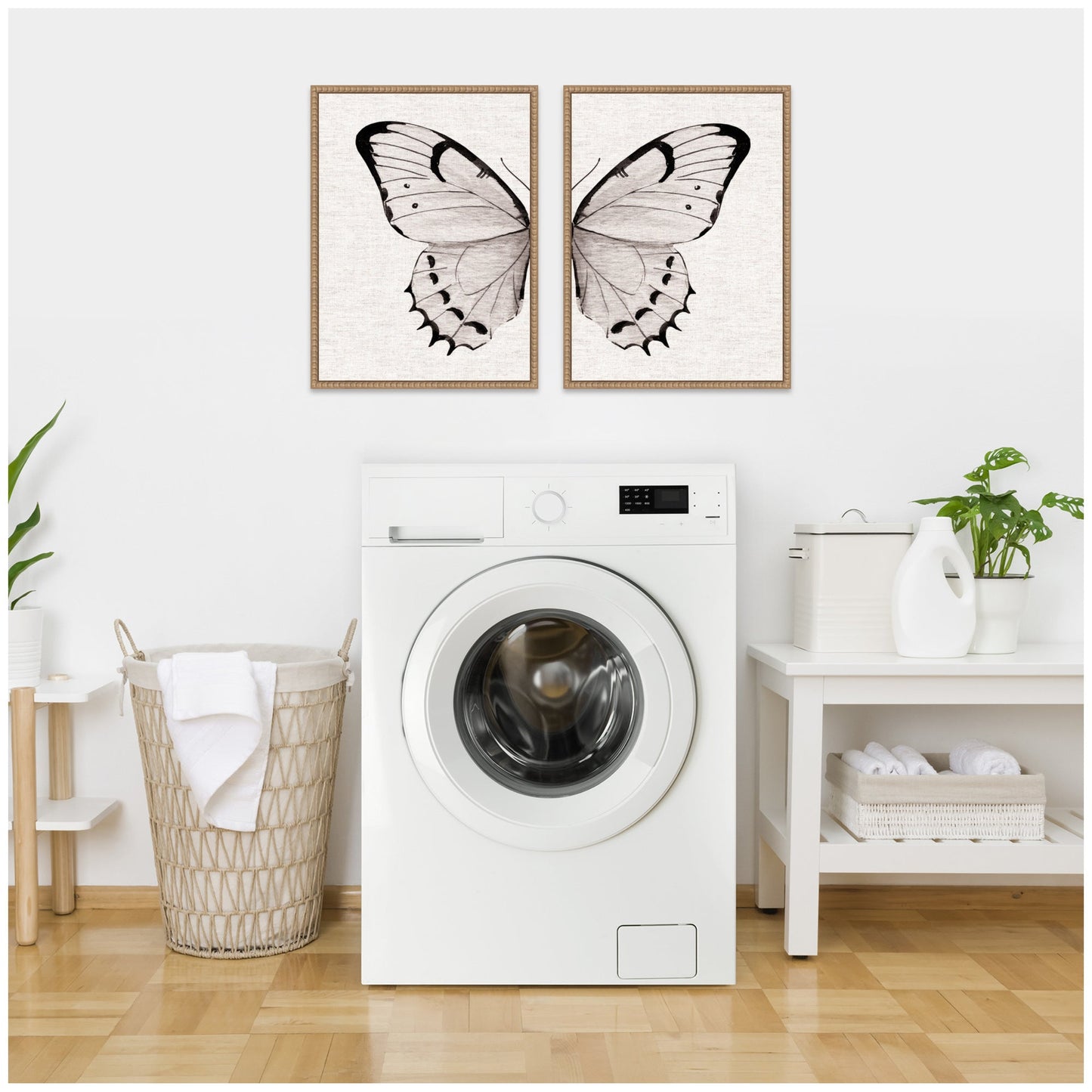 Sylvie Beaded Minimal Butterfly Watercolor Neutral Linen - 2 Piece Framed Canvas Art Set by The Creative Bunch Studio