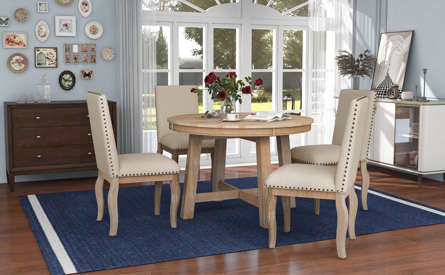Vistaro Extendable Round Farmhouse Dining Table — Wood Grain / Black