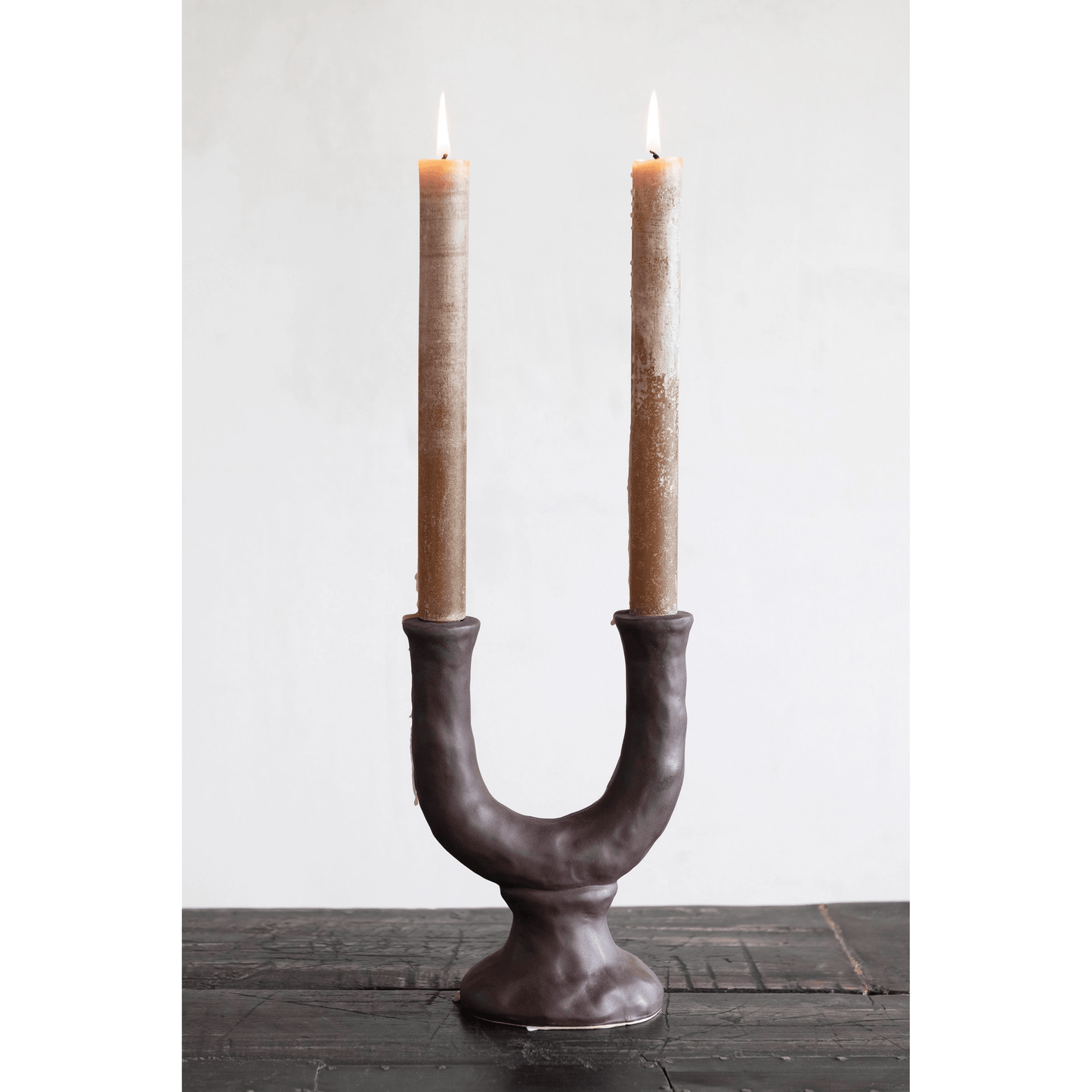 Chocolate Stoneware Double Taper Candle Holder