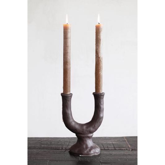 Chocolate Stoneware Double Taper Candle Holder