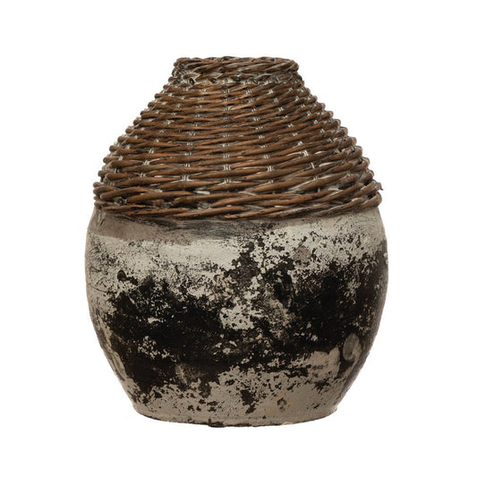 Distressed Hand-Woven Rattan & Clay Vase