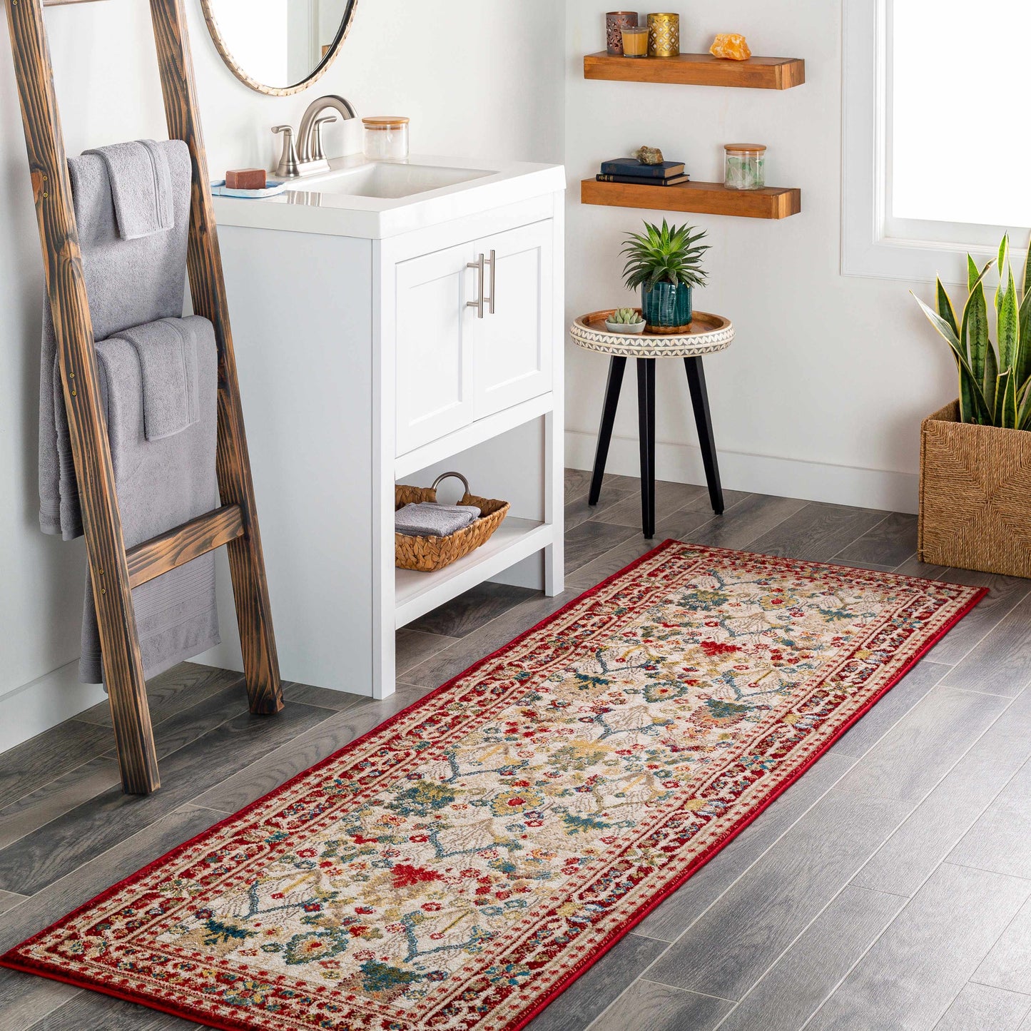 Neola White & Red Damask Area Rug