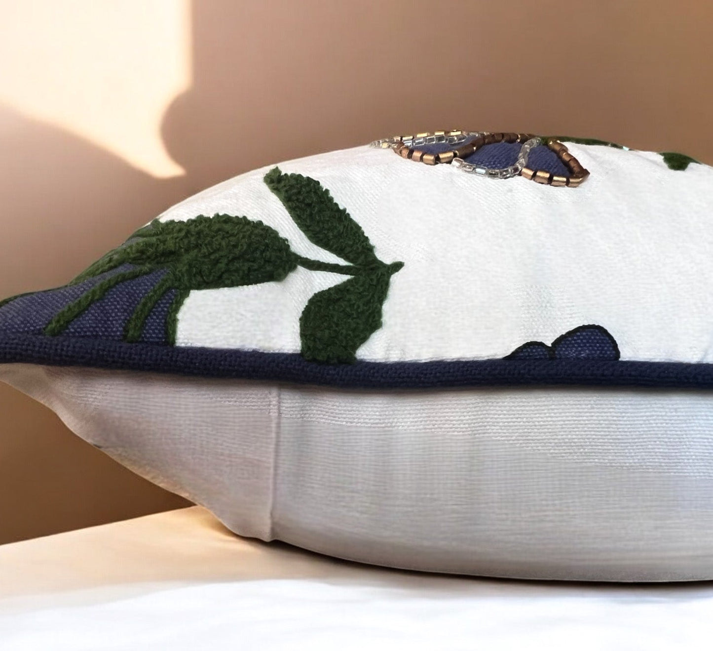 Embroidered Floral Blue Boho Accent Pillow