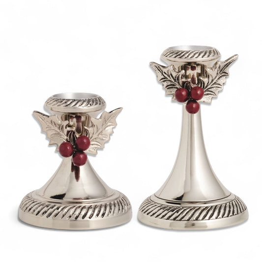 Holly Leaf & Berry Silver Metal Candlesticks | 2 Sizes