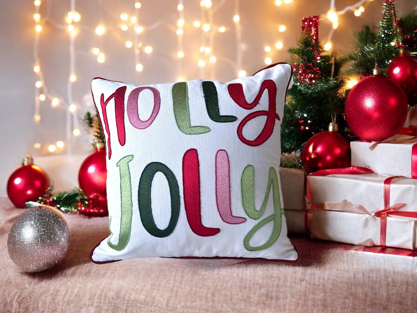 Holly Jolly Embroidered Pillow