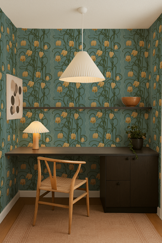 Campanas Wallpaper | dusty blue & marigold
