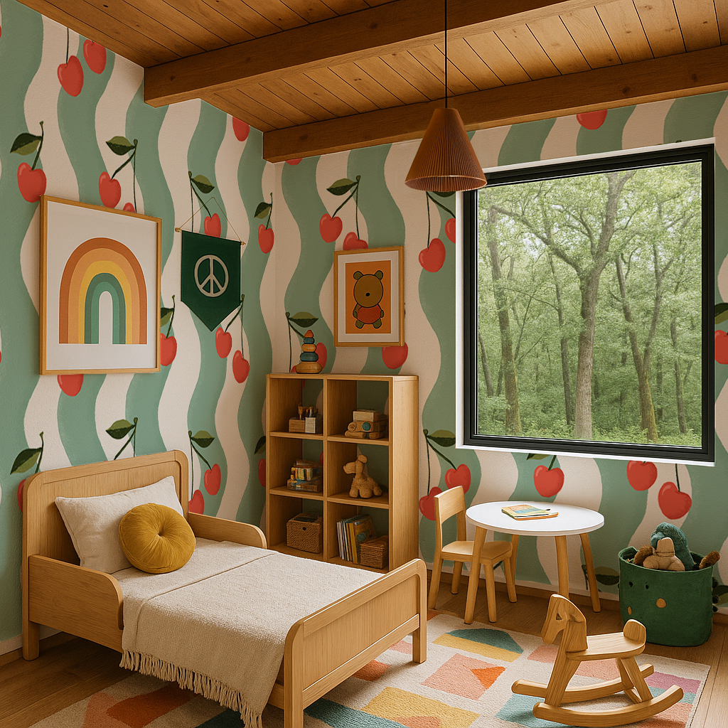 Wavy Cherry Wallpaper, white and teal