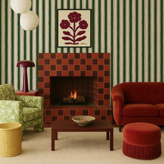 Riviera Stripe Wallpaper, off-white and dark green