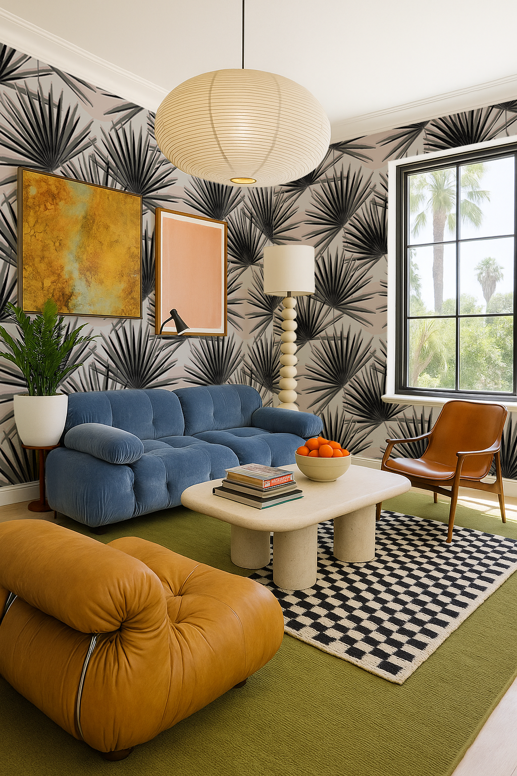 Palm Deco Wallpaper, black and blush