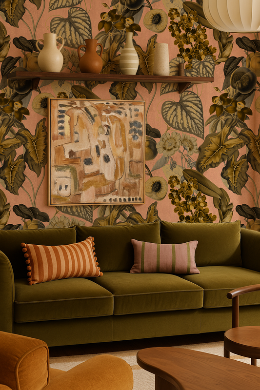 Cali Tropicale Wallpaper, peach and olive
