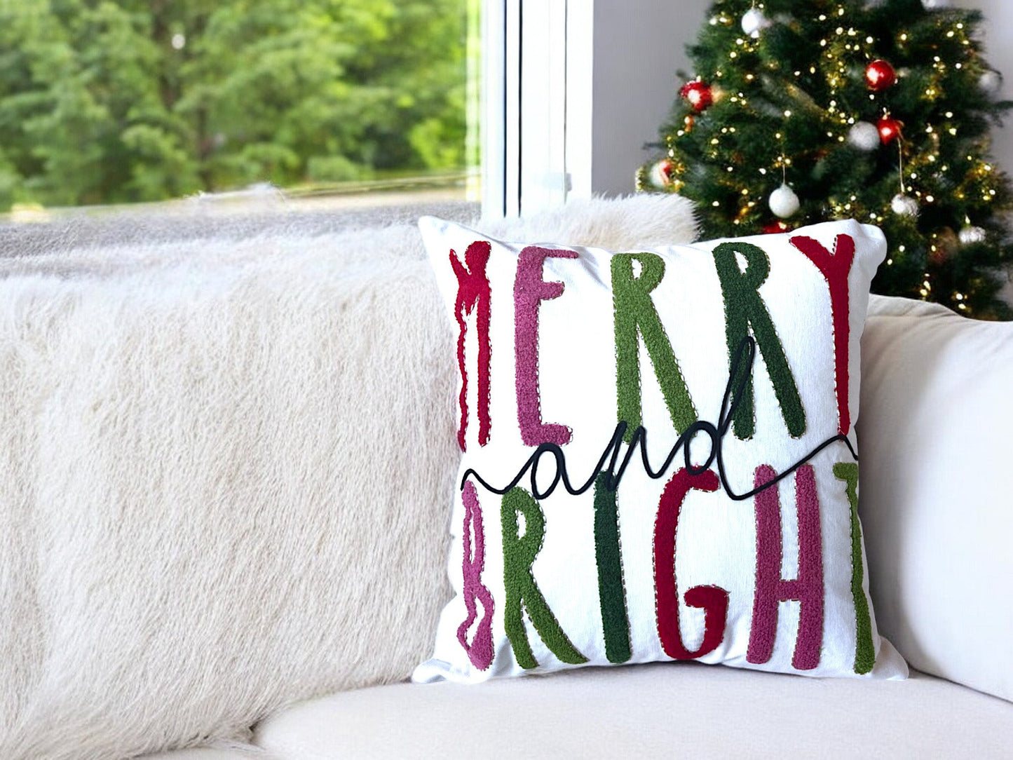 Merry & Bright Embroidered Christmas Pillow