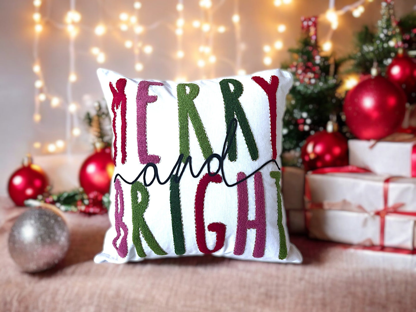 Merry & Bright Embroidered Christmas Pillow