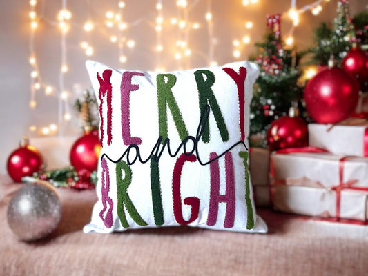 Merry & Bright Embroidered Christmas Pillow