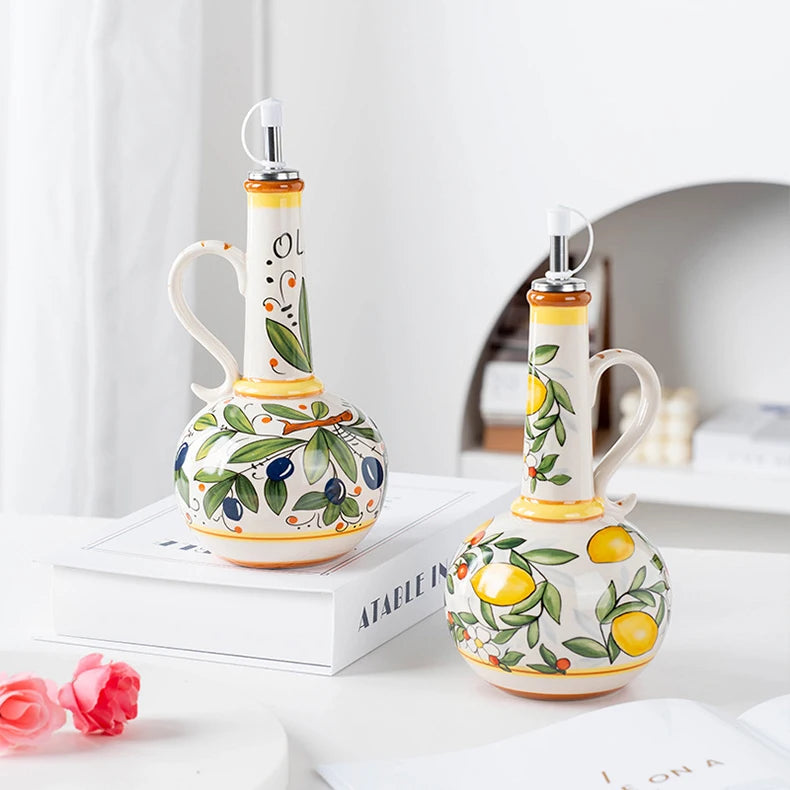 Hand-Painted Ceramic Oil Bottle Kitchen Storage Nordic Vinegar Oil Dispenser Cooking Utensil for Home Use Kitchen Seasoning Jar