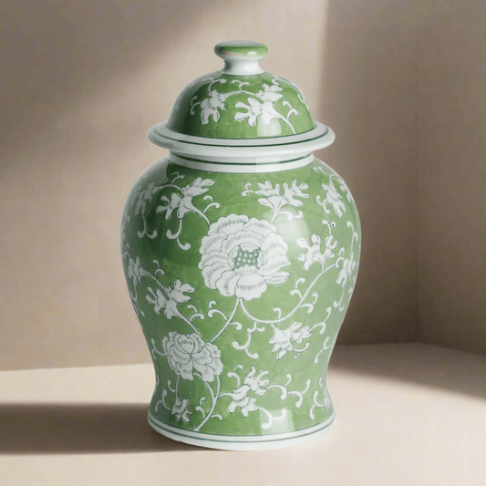 Porcelain Green Chinoiserie Lotus Ginger Jar with Lid