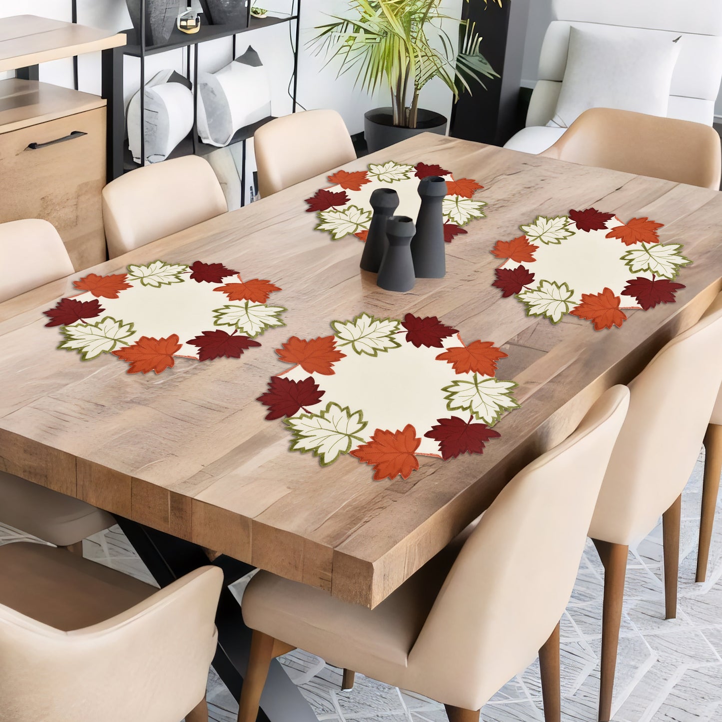 Cream Autumn Doilies – Round Linen Placemats | Embroidered Dining Table Decor 15 Inch