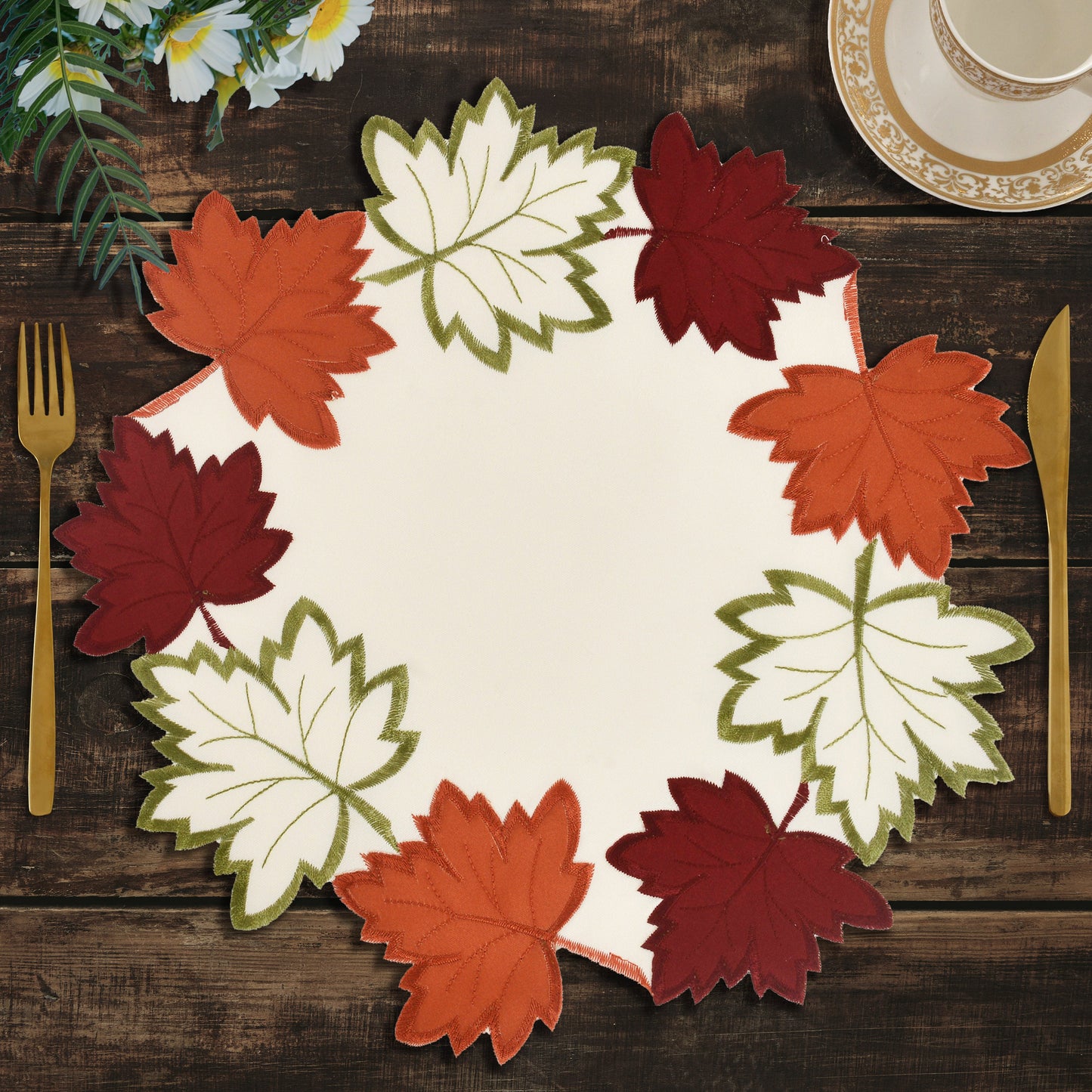 Cream Autumn Doilies – Round Linen Placemats | Embroidered Dining Table Decor 15 Inch