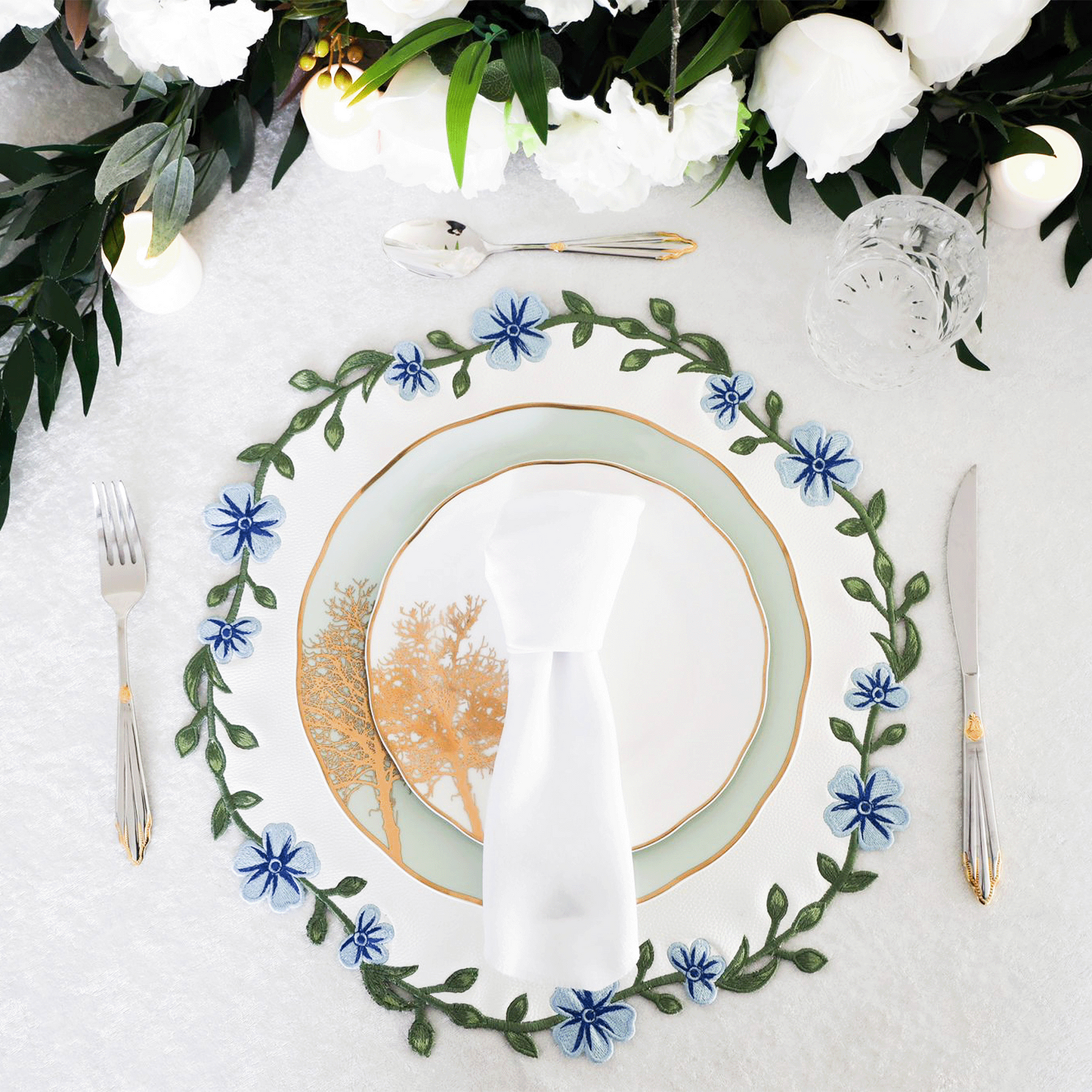 Unity White Embroidered Faux Leather PLacemat